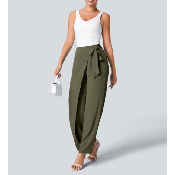 Halara High Waisted Tie Side Invisible Zipper Wide Leg Work Pants Sz Large Green - Picture 7 of 15